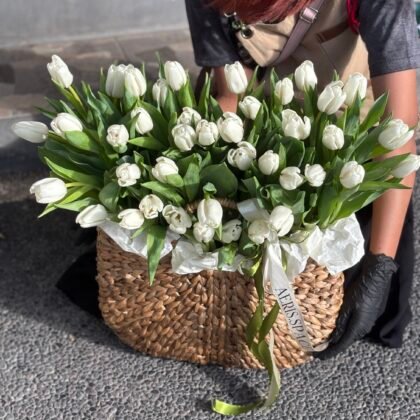41 tulips in woven basket